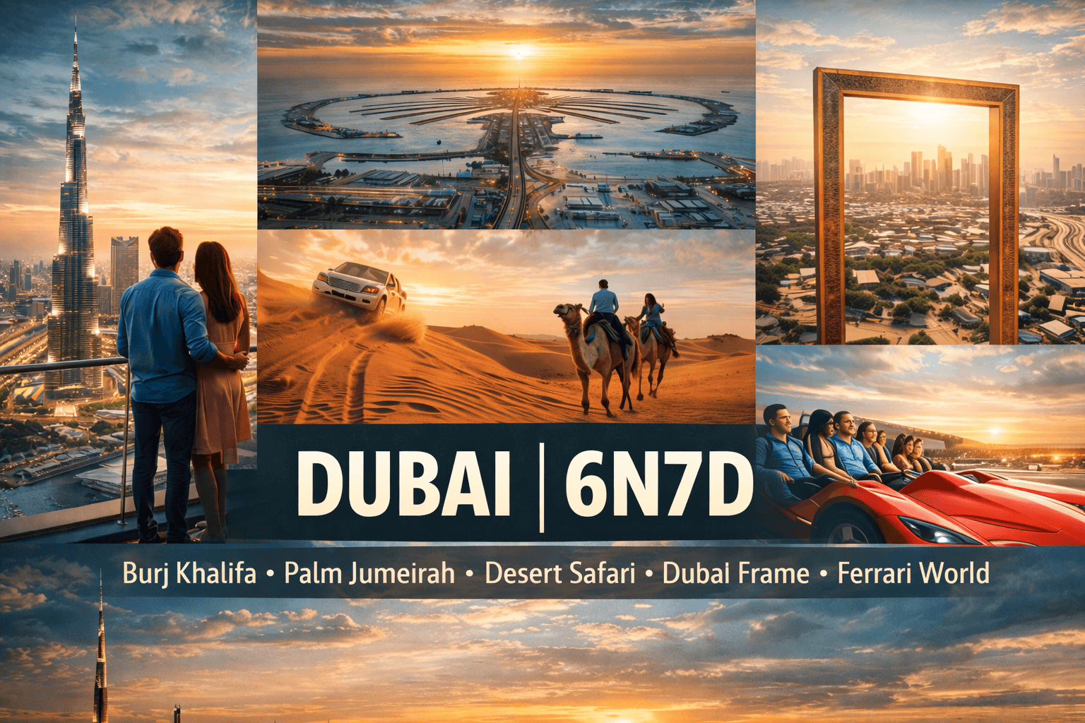 Burj Khalifa · Palm Jumeirah · Desert Safari · Dubai Frame · Ferrari…